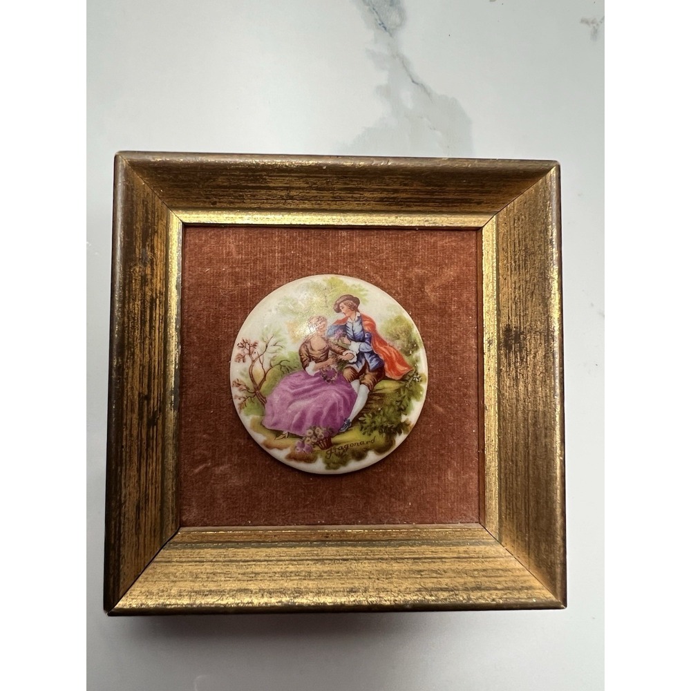 VTG Miniature Limoges Cameo Porcelain Romantic Scene Wood Gold Frame